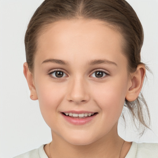 Joyful white child female with medium  brown hair and brown eyes