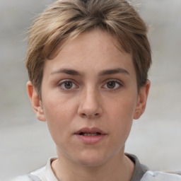 Neutral white young-adult female with short  brown hair and brown eyes