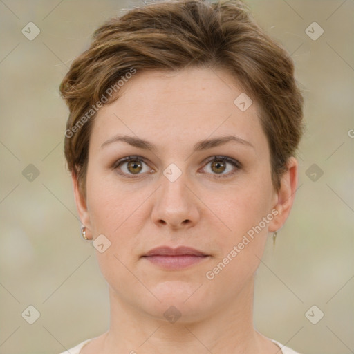 Joyful white young-adult female with short  brown hair and brown eyes