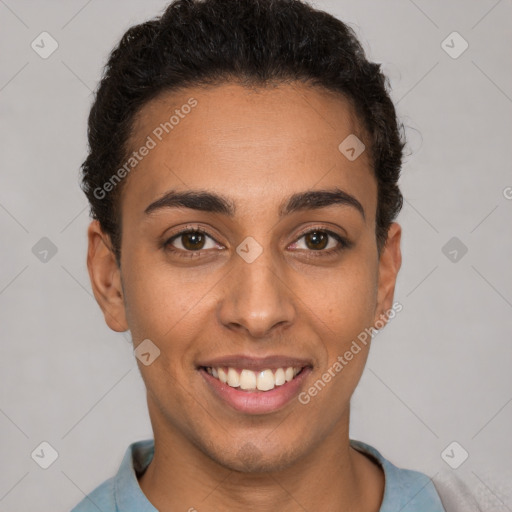 Joyful latino young-adult female with short  brown hair and brown eyes