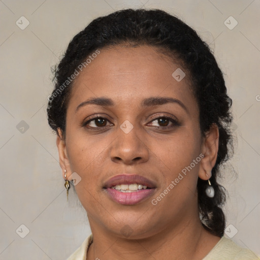 Joyful black young-adult female with medium  brown hair and brown eyes