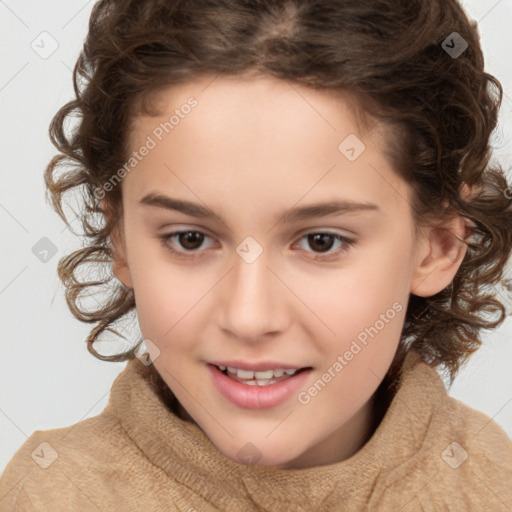 Joyful white child female with medium  brown hair and brown eyes