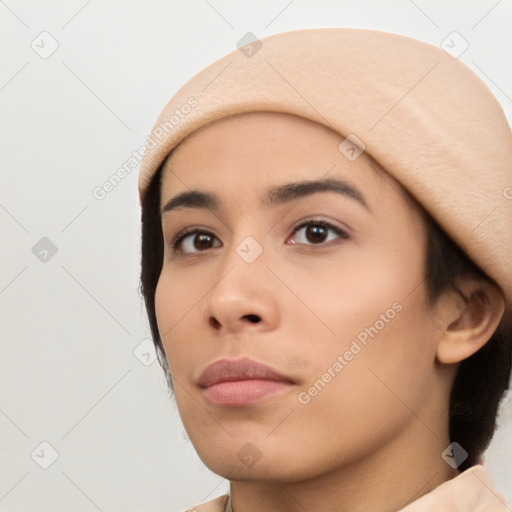 Neutral white young-adult female with short  brown hair and brown eyes