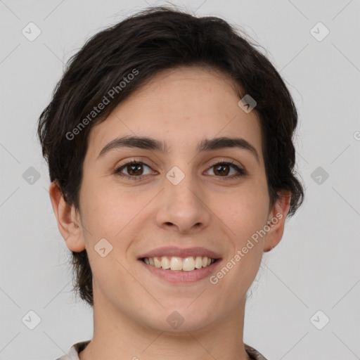 Joyful white young-adult female with short  brown hair and brown eyes