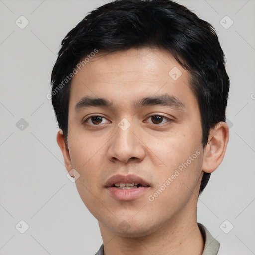 Neutral white young-adult male with short  black hair and brown eyes