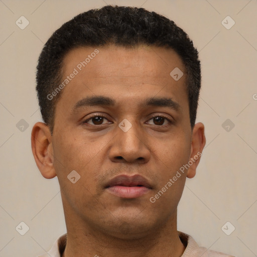 Neutral latino young-adult male with short  black hair and brown eyes