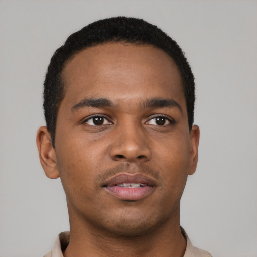 Neutral black young-adult male with short  brown hair and brown eyes