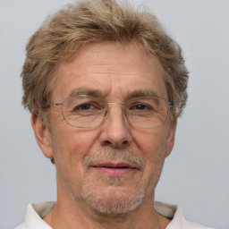 Joyful white middle-aged male with short  brown hair and brown eyes