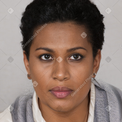 Neutral black young-adult female with short  brown hair and brown eyes