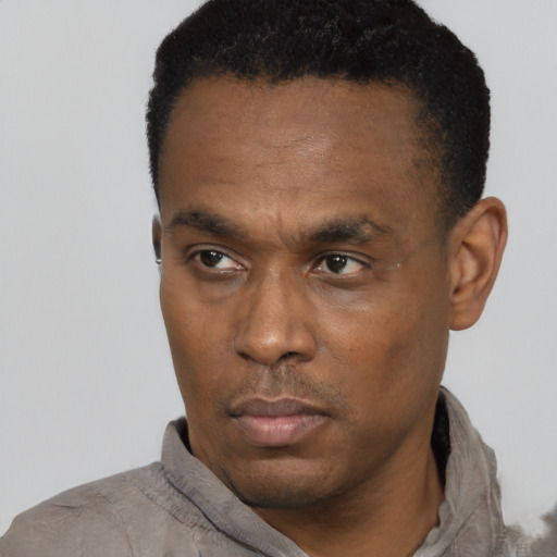 Neutral latino adult male with short  black hair and brown eyes
