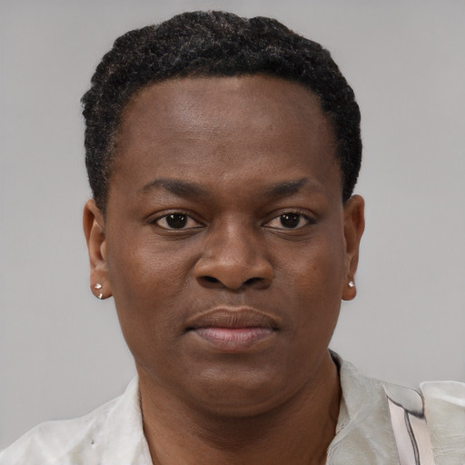 Joyful black young-adult male with short  brown hair and brown eyes