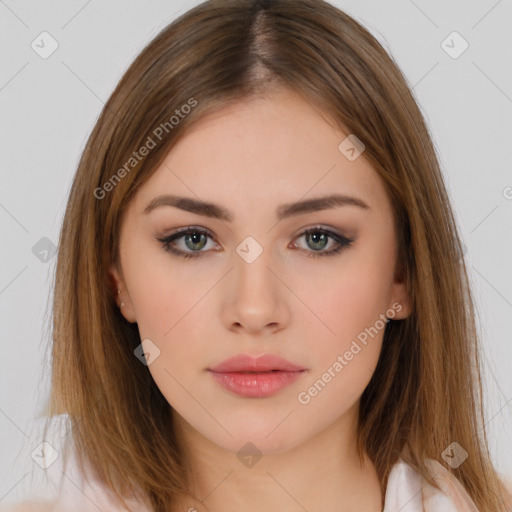 Neutral white young-adult female with medium  brown hair and brown eyes