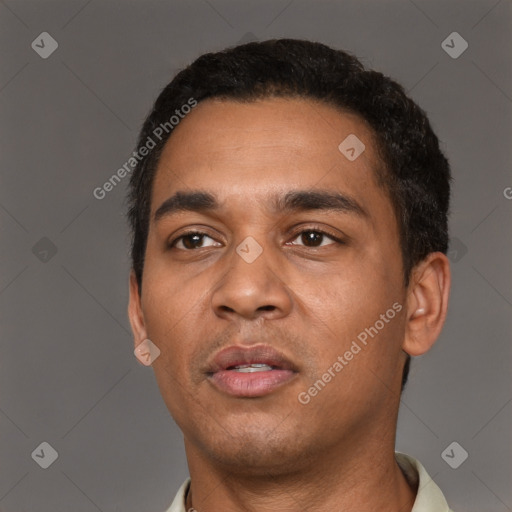 Neutral latino young-adult male with short  black hair and brown eyes