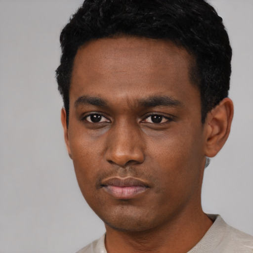 Neutral black young-adult male with short  black hair and brown eyes