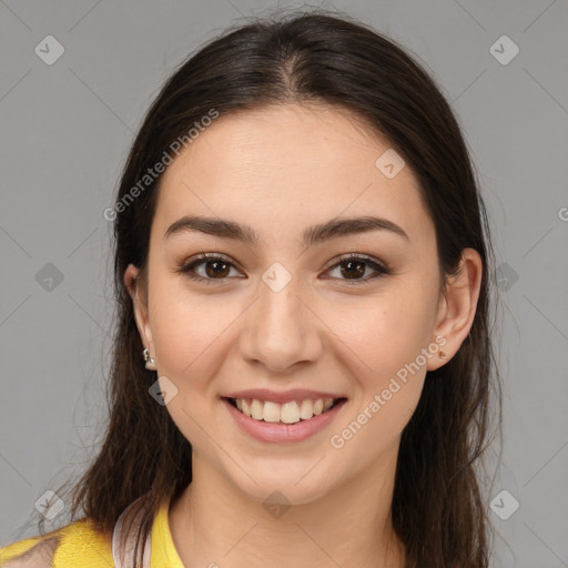 Joyful white young-adult female with medium  brown hair and brown eyes