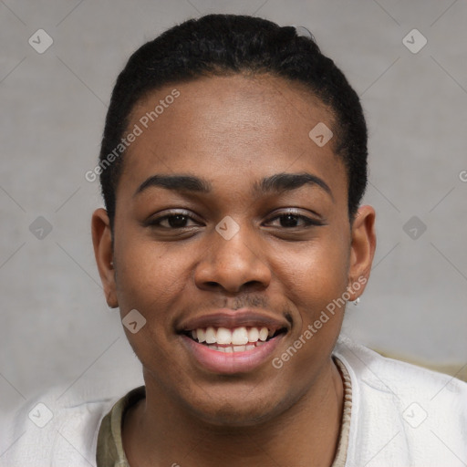 Joyful black young-adult female with short  black hair and brown eyes