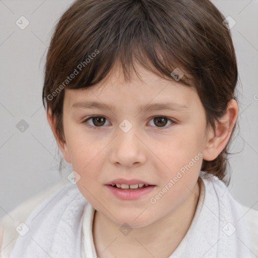 Joyful white child female with medium  brown hair and brown eyes