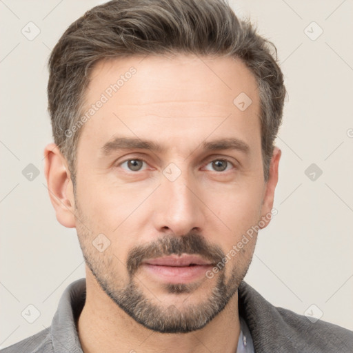 Neutral white adult male with short  brown hair and brown eyes