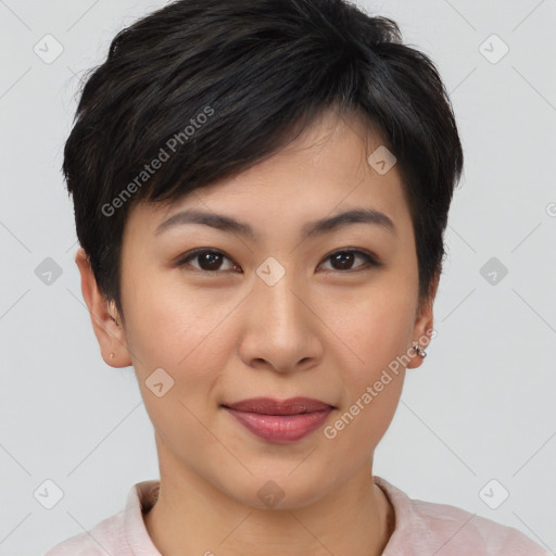 Joyful asian young-adult female with short  brown hair and brown eyes