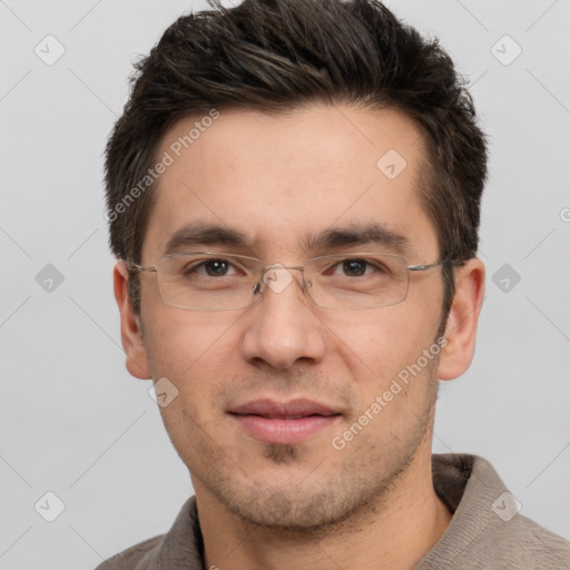 Joyful white adult male with short  brown hair and brown eyes