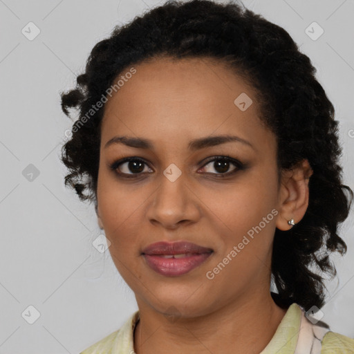 Joyful latino young-adult female with medium  black hair and brown eyes