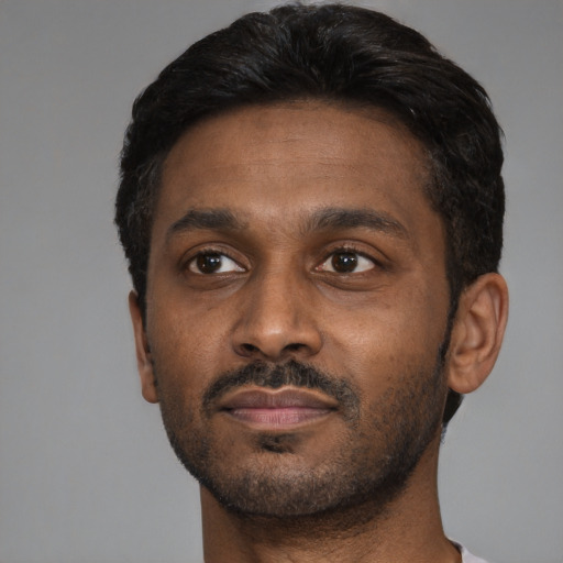 Neutral black adult male with short  black hair and brown eyes