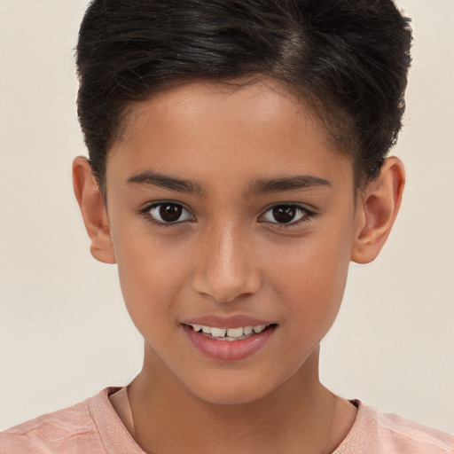 Joyful white child female with short  brown hair and brown eyes