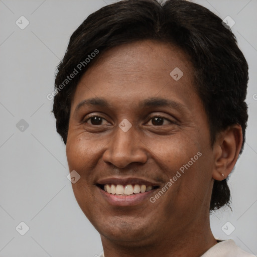 Joyful black adult female with short  brown hair and brown eyes