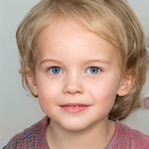 Joyful white child female with medium  brown hair and blue eyes