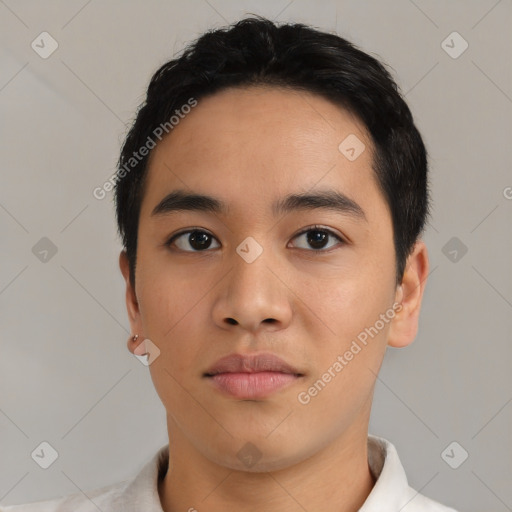 Neutral asian young-adult male with short  black hair and brown eyes