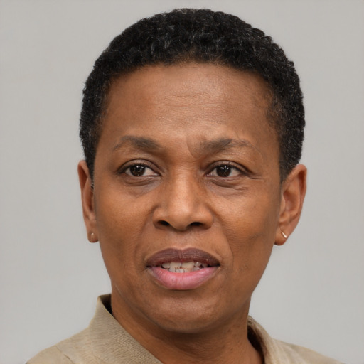 Joyful black adult male with short  black hair and brown eyes