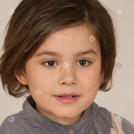 Joyful white child female with medium  brown hair and brown eyes