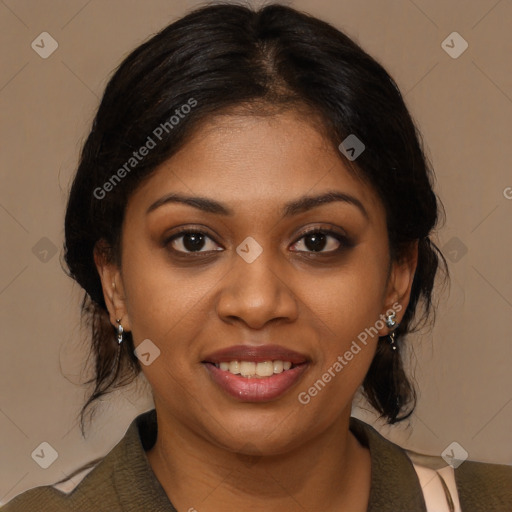 Joyful black young-adult female with medium  brown hair and brown eyes