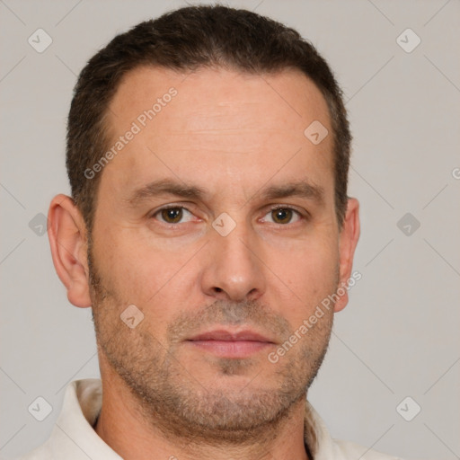 Neutral white adult male with short  brown hair and brown eyes