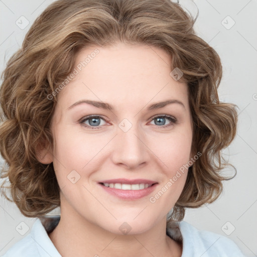 Joyful white young-adult female with medium  brown hair and blue eyes