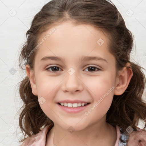 Joyful white child female with medium  brown hair and brown eyes