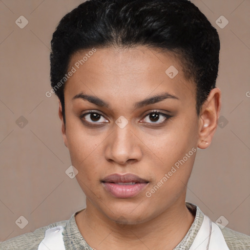 Neutral latino young-adult female with short  black hair and brown eyes