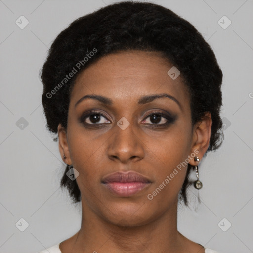 Neutral black young-adult female with short  black hair and brown eyes