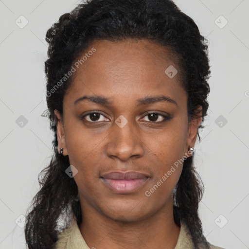 Neutral black young-adult female with short  black hair and brown eyes