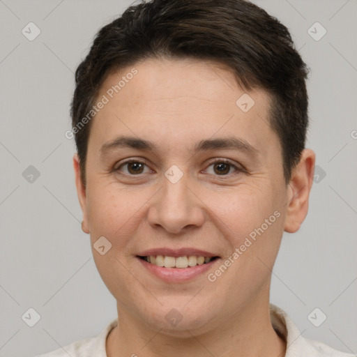 Joyful white young-adult female with short  brown hair and brown eyes