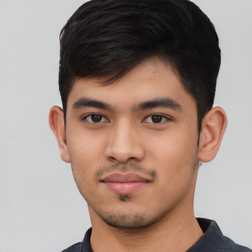 Neutral asian young-adult male with short  black hair and brown eyes