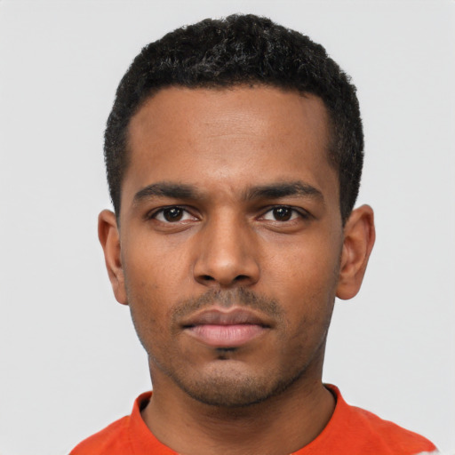 Neutral black young-adult male with short  black hair and brown eyes