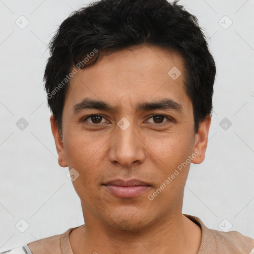 Neutral asian young-adult male with short  black hair and brown eyes