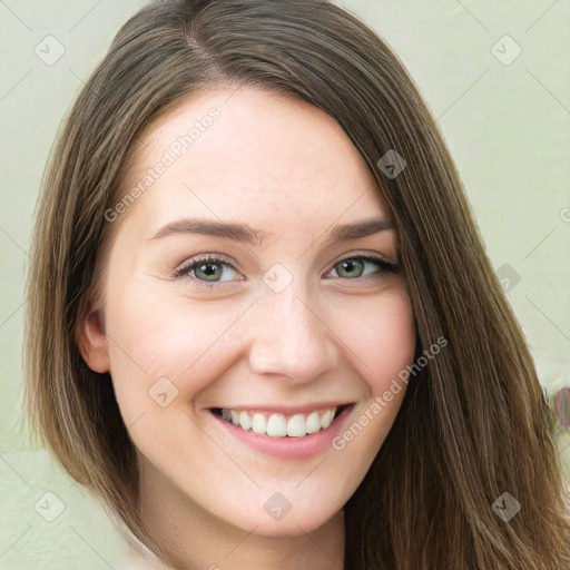 Joyful white young-adult female with long  brown hair and green eyes