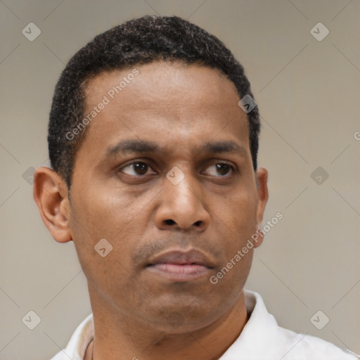 Neutral latino adult male with short  brown hair and brown eyes