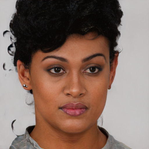 Neutral asian young-adult female with short  black hair and brown eyes