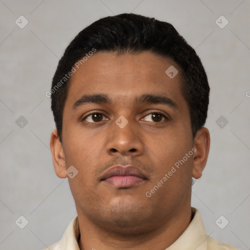 Neutral latino young-adult male with short  black hair and brown eyes