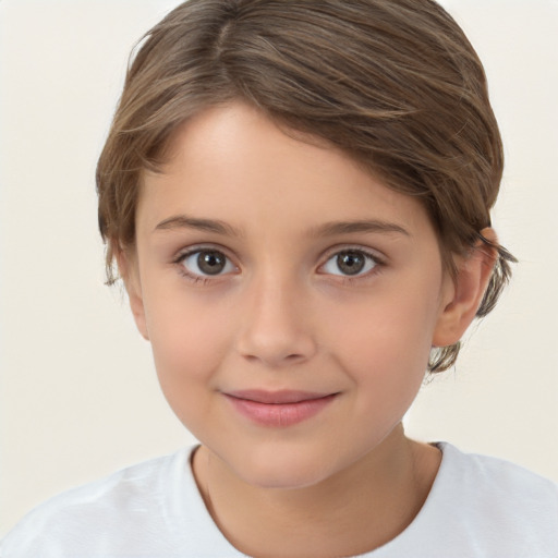 Joyful white child female with medium  brown hair and brown eyes