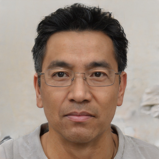 Neutral asian adult male with short  black hair and brown eyes