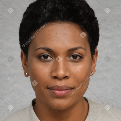 Joyful black young-adult female with short  black hair and brown eyes